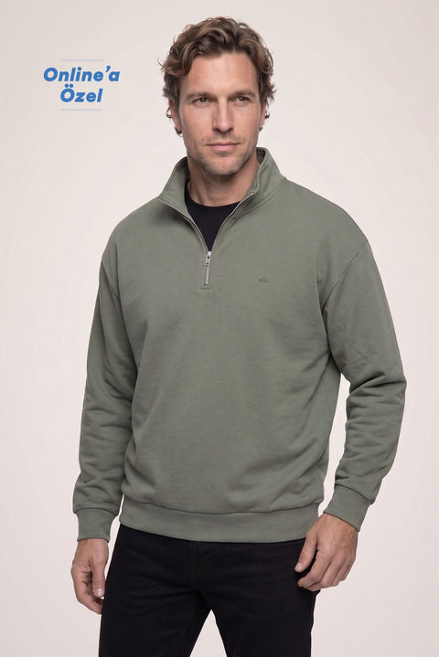 Orta Haki Fermuarlı Yarım Balıkçı Yaka Regular Fit Pamuklu Basic Sweatshirt