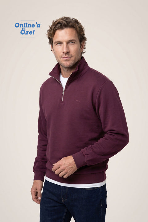 Dark Burgundy Zippered Polo Neck Regular Fit Sweatshirt