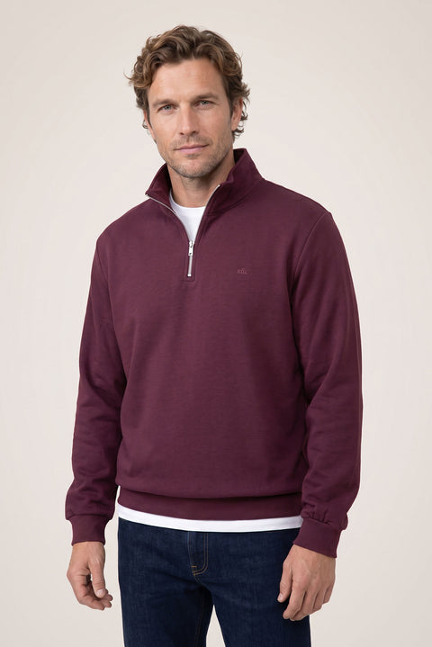 Dark Burgundy Zippered Polo Neck Regular Fit Sweatshirt