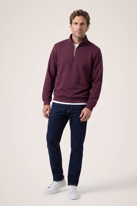 Dark Burgundy Zippered Polo Neck Regular Fit Sweatshirt
