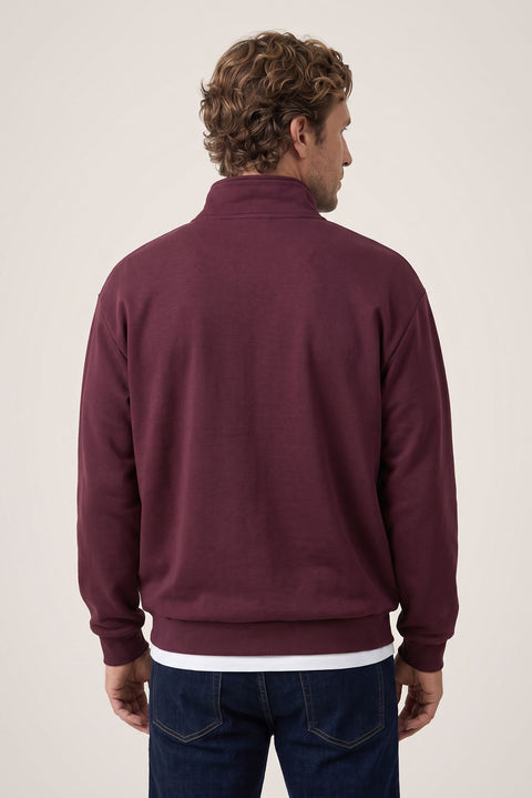 Dark Burgundy Zippered Polo Neck Regular Fit Sweatshirt