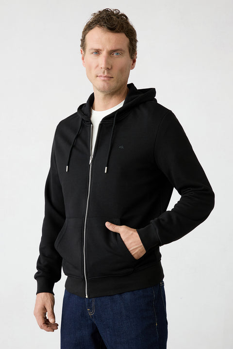 Black Hooded Zipper Regular Fit Sweatshirt