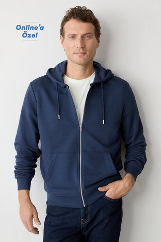  Koyu Lacivert Kapüşonlu Fermuarlı Regular Fit Sweatshirt