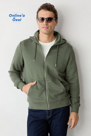  Orta Haki Kapüşonlu Fermuarlı Regular Fit Sweatshirt