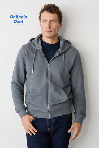  Orta Antrasit Kapüşonlu Fermuarlı Regular Fit Sweatshirt