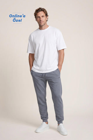  Orta Antrasit Beli Lastikli İpli Cepli Pamuklu Sweatpant / Eşofman Altı