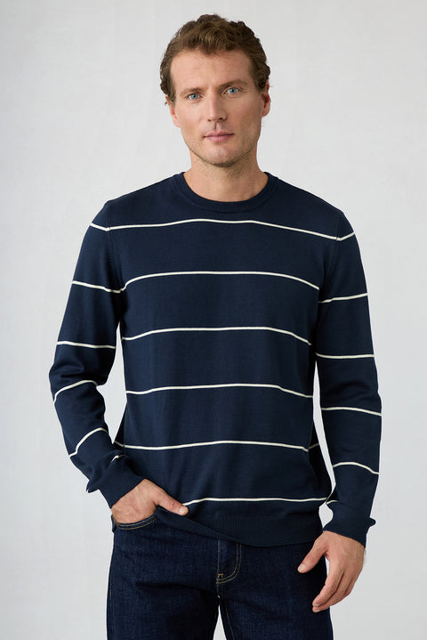 Dark Navy Regular Fit Crew Neck Cotton Knit Sweater