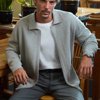 Mid Grey Regular Fit Polo Neck Plain Zippered Knit Cardigan