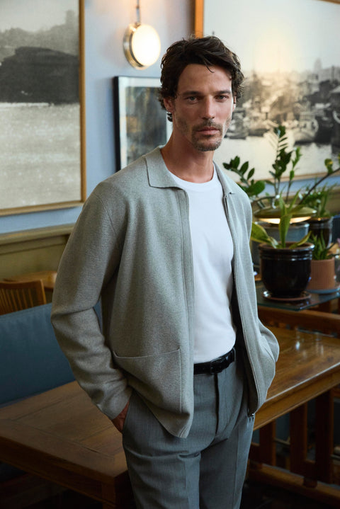Mid Grey Regular Fit Polo Neck Plain Zippered Knit Cardigan