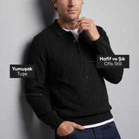 Black Regular Fit Polo Neck Cotton/Acrylic Cable Knit Sweater