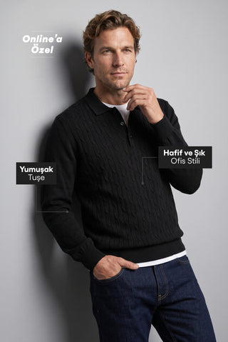  Siyah Regular Fit Polo Yaka  Pamuk/Akrilik Saç Örgü Desen Triko Kazak