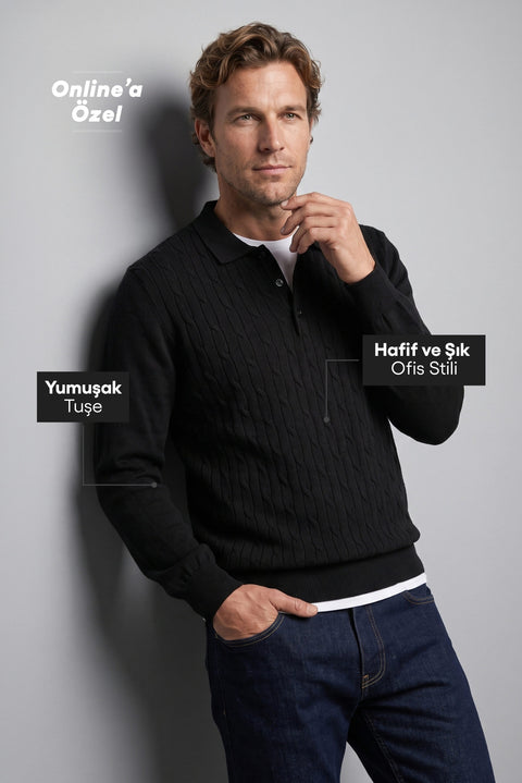 Black Regular Fit Polo Neck Cotton/Acrylic Cable Knit Sweater
