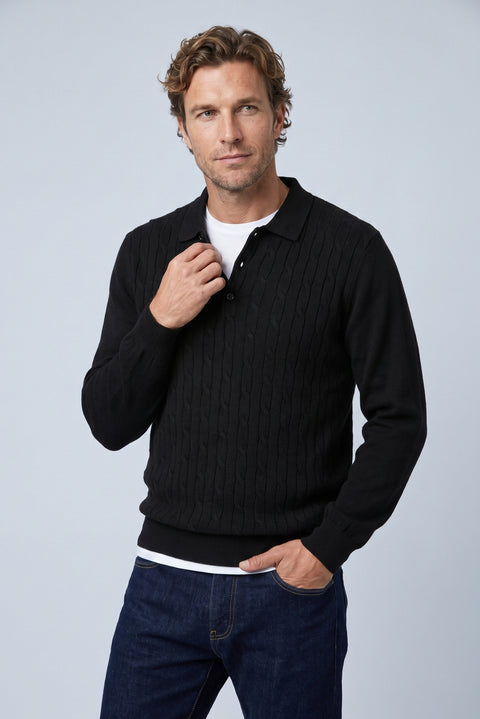 Black Regular Fit Polo Neck Cotton/Acrylic Cable Knit Sweater