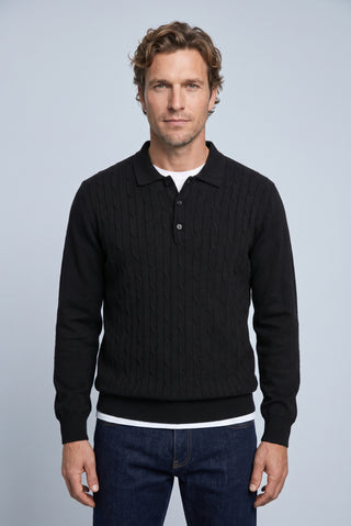  Siyah Regular Fit Polo Yaka  Pamuk/Akrilik Saç Örgü Desen Triko Kazak