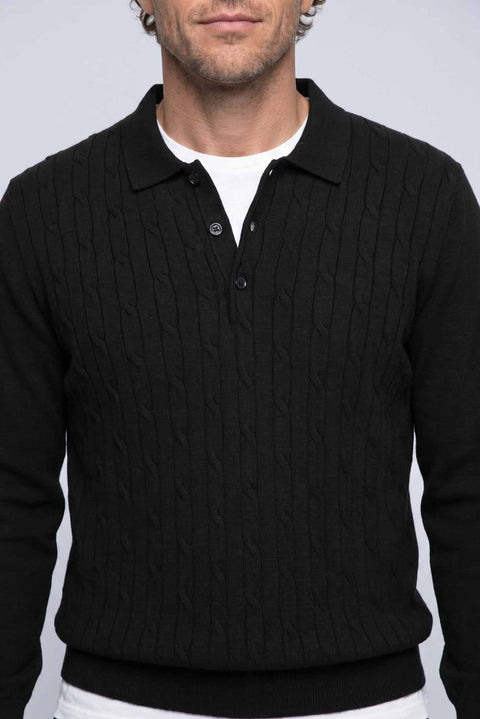 Black Regular Fit Polo Neck Cotton/Acrylic Cable Knit Sweater