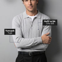 Medium Gray Regular Fit Polo Neck Cotton/Acrylic Cable Knit Sweater