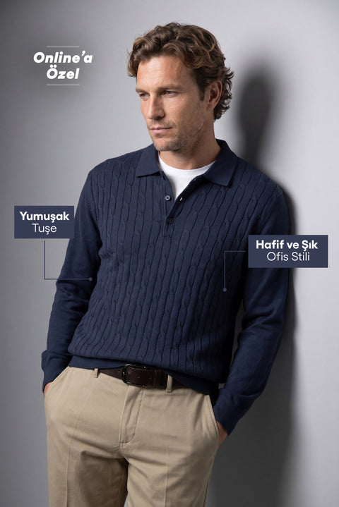 Dark Navy Regular Fit Polo Neck Cotton/Acrylic Cable Knit Sweater