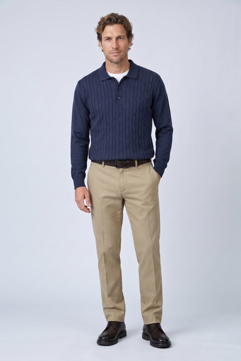 Dark Navy Regular Fit Polo Neck Cotton/Acrylic Cable Knit Sweater