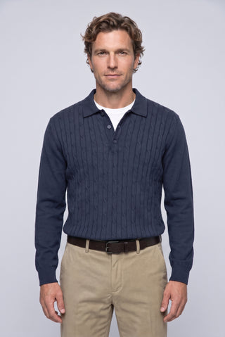  Koyu Lacivert Regular Fit Polo Yaka  Pamuk/Akrilik Saç Örgü Desen Triko Kazak