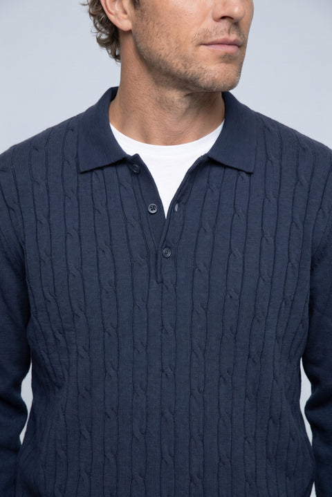 Dark Navy Regular Fit Polo Neck Cotton/Acrylic Cable Knit Sweater