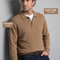 Medium Brown Regular Fit Polo Neck Cotton/Acrylic Cable Knit Sweater