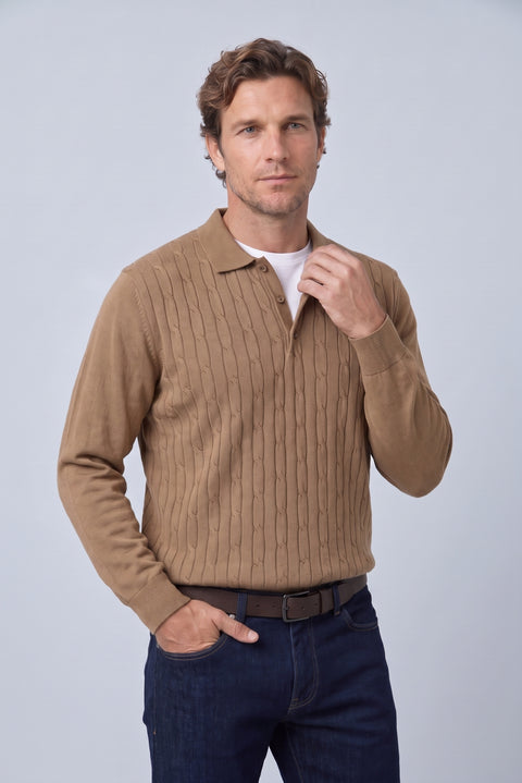 Medium Brown Regular Fit Polo Neck Cotton/Acrylic Cable Knit Sweater