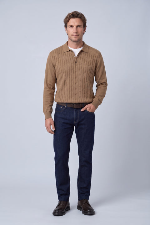 Medium Brown Regular Fit Polo Neck Cotton/Acrylic Cable Knit Sweater