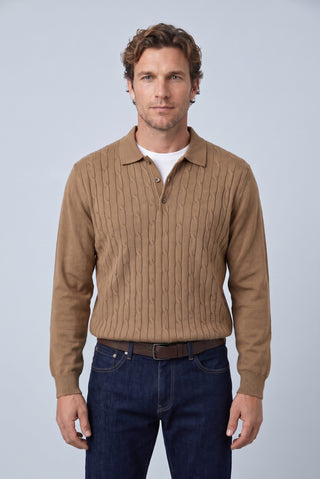  Orta Kahve Regular Fit Polo Yaka  Pamuk/Akrilik Saç Örgü Desen Triko Kazak