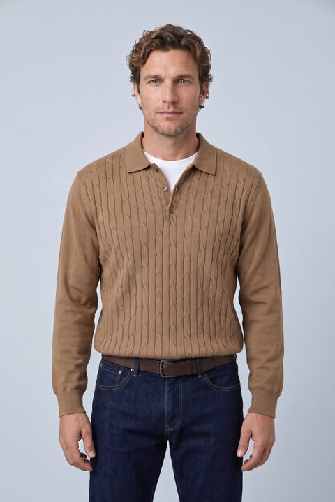 Medium Brown Regular Fit Polo Neck Cotton/Acrylic Cable Knit Sweater