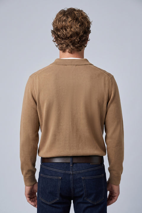 Medium Brown Regular Fit Polo Neck Cotton/Acrylic Cable Knit Sweater