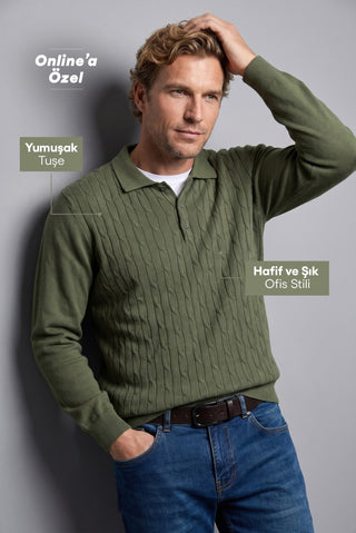  Orta Haki Regular Fit Polo Yaka  Pamuk/Akrilik Saç Örgü Desen Triko Kazak