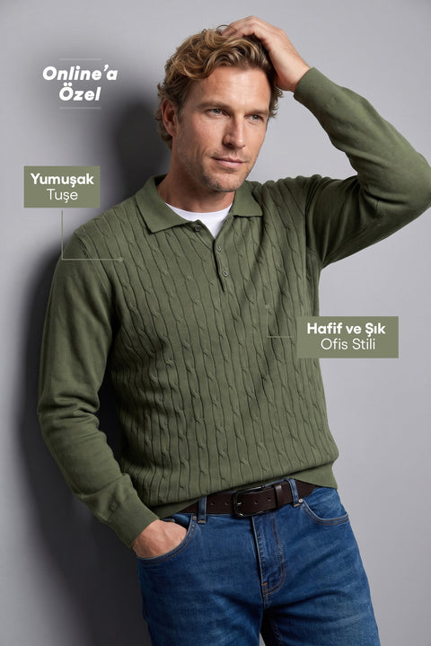 Medium Khaki Regular Fit Polo Neck Cotton/Acrylic Cable Knit Sweater