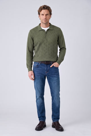  Orta Haki Regular Fit Polo Yaka  Pamuk/Akrilik Saç Örgü Desen Triko Kazak
