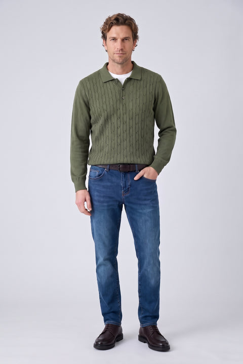 Medium Khaki Regular Fit Polo Neck Cotton/Acrylic Cable Knit Sweater