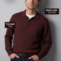 Dark Burgundy Regular Fit Polo Neck Cotton/Acrylic Cable Knit Jumper