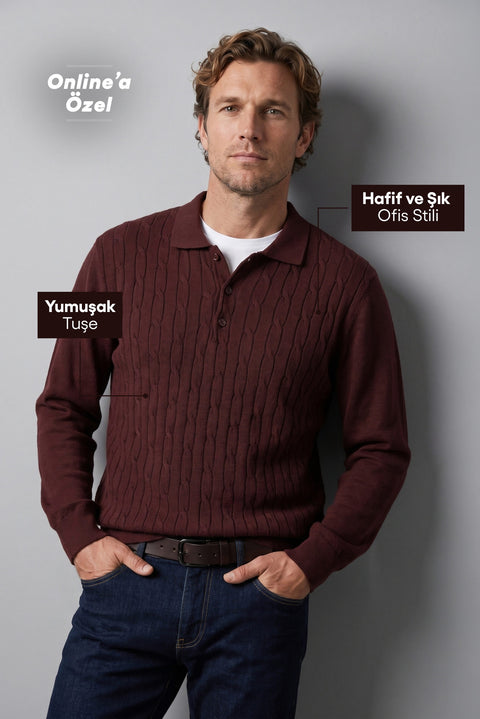 Dark Burgundy Regular Fit Polo Neck Cotton/Acrylic Cable Knit Jumper