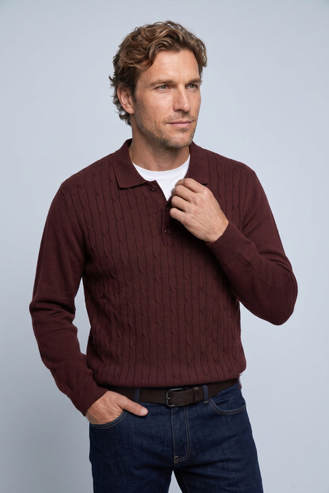 Dark Burgundy Regular Fit Polo Neck Cotton/Acrylic Cable Knit Jumper