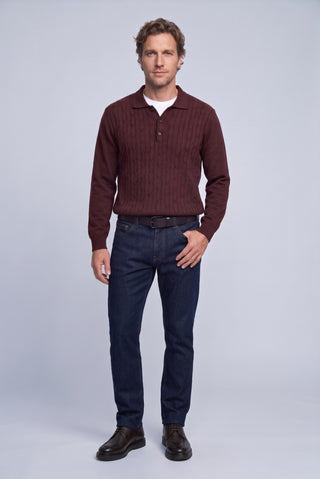  Koyu Bordo Regular Fit Polo Yaka  Pamuk/Akrilik Saç Örgü Desen Triko Kazak