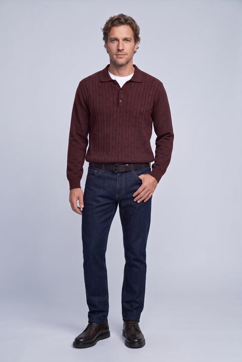 Dark Burgundy Regular Fit Polo Neck Cotton/Acrylic Cable Knit Jumper
