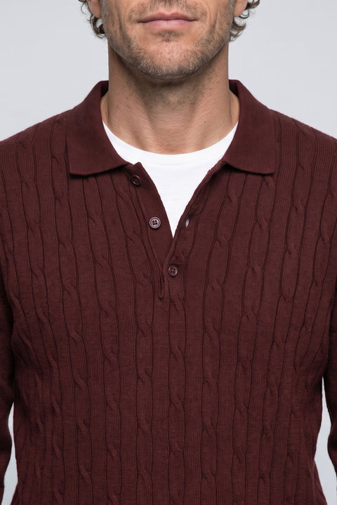 Dark Burgundy Regular Fit Polo Neck Cotton/Acrylic Cable Knit Jumper