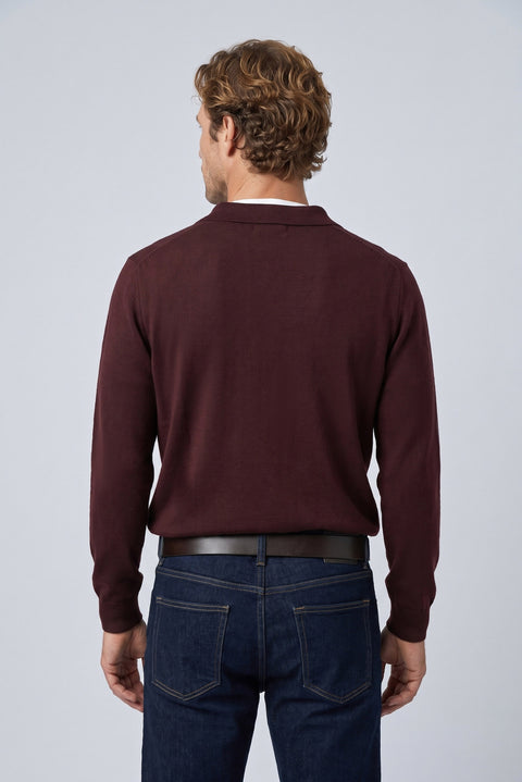 Dark Burgundy Regular Fit Polo Neck Cotton/Acrylic Cable Knit Jumper