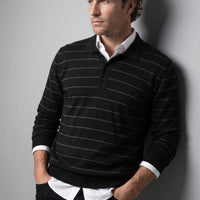 Black Regular Fit Polo Neck Cotton/Acrylic Striped Knit Sweater