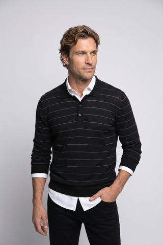  Siyah Polo Yaka Regular Fit Pamuklu Çizgili Yumuşak Tuşeli Triko Kazak