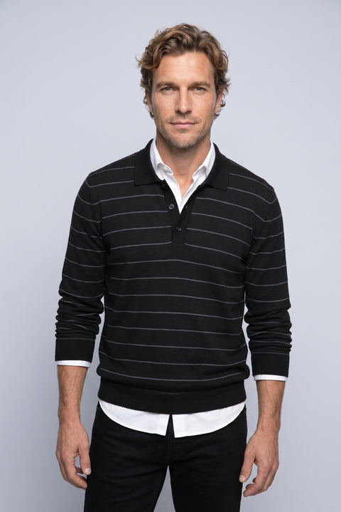 Black Regular Fit Polo Neck Cotton/Acrylic Striped Knit Sweater