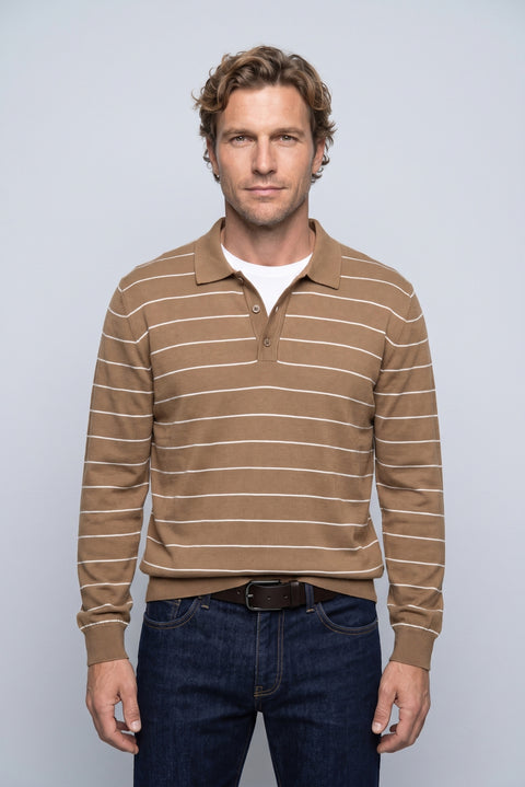 Orta Kahve Polo Yaka Regular Fit Pamuklu Çizgili Yumuşak Tuşeli Triko Kazak