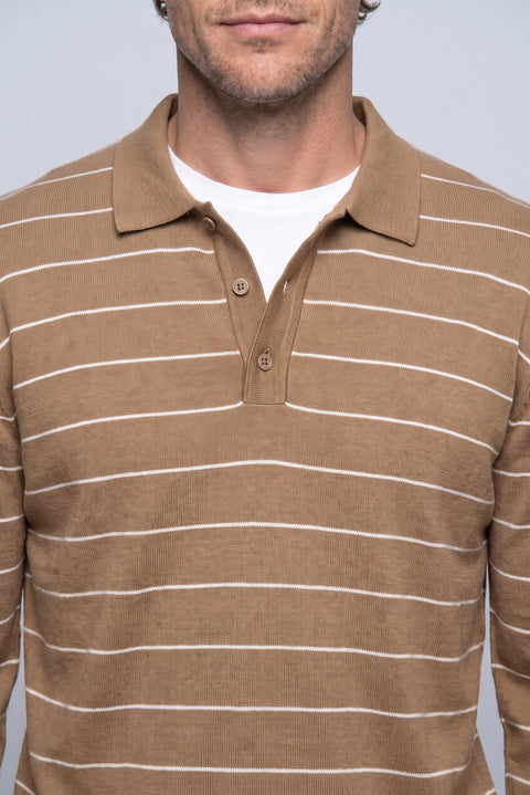 Orta Kahve Polo Yaka Regular Fit Pamuklu Çizgili Yumuşak Tuşeli Triko Kazak