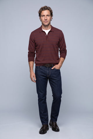  Koyu Bordo Polo Yaka Regular Fit Pamuklu Çizgili Yumuşak Tuşeli Triko Kazak