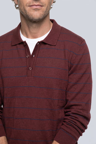  Koyu Bordo Polo Yaka Regular Fit Pamuklu Çizgili Yumuşak Tuşeli Triko Kazak