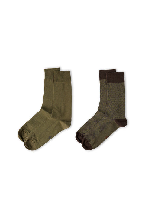 Orta Haki 2'li Pamuk Karışımlı Desenli Çorap Seti