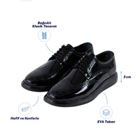 Koyu Siyah EVA Taban Rahat Konforlu Zımba Desenli Bağcıklı Rugan Smart Casual Ayakkabı